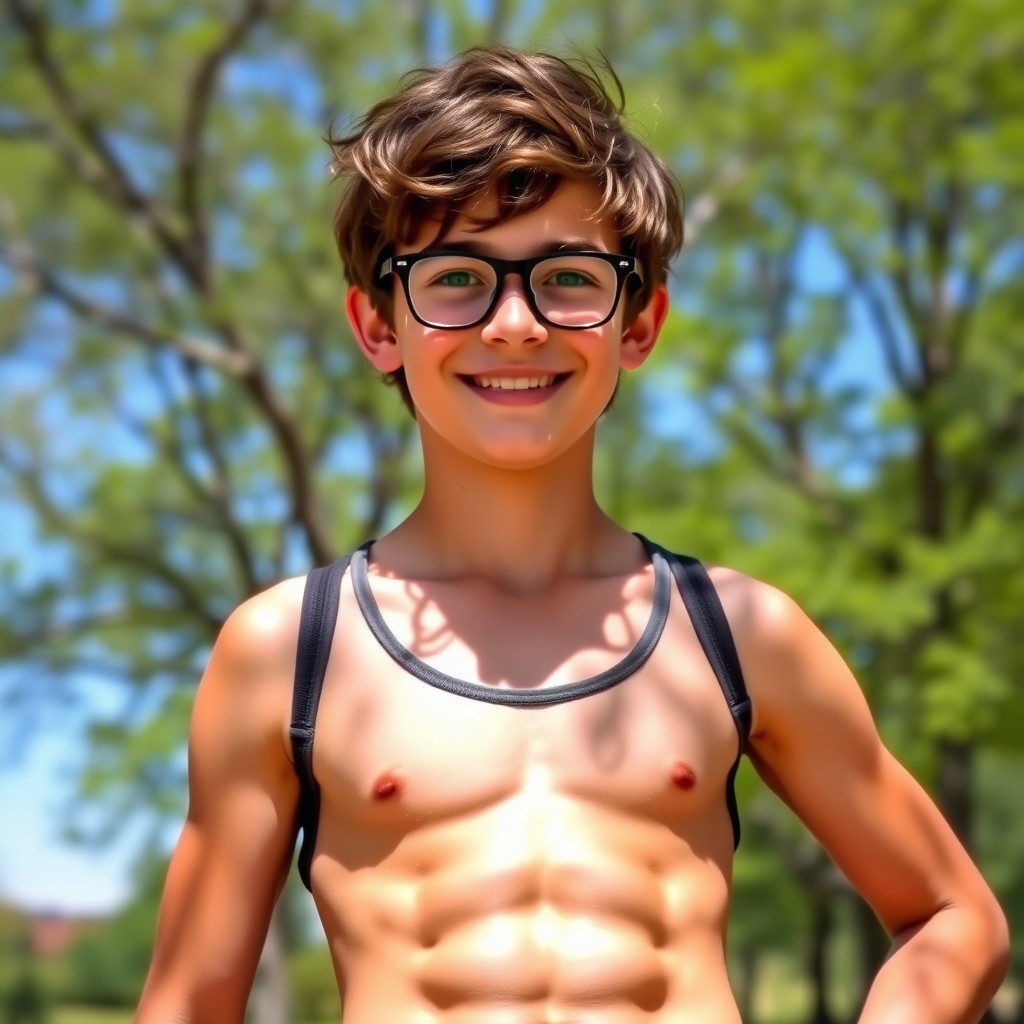 A fit teenage boy with well-defined six-pack abs, wearing stylish glasses, standing confidently outdoors