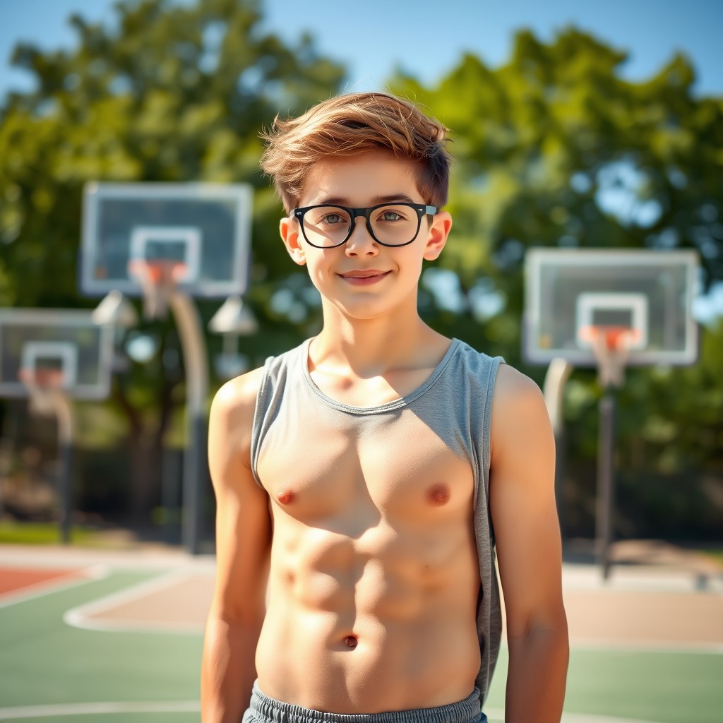 A confident teenage boy aged between 14 to 18 years, with stylish glasses and well-defined six-pack abs