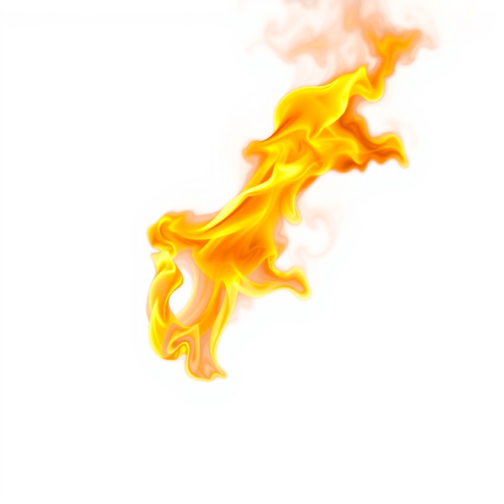 A vibrant flame bursting with energy, painting the air with shades of orange, yellow, and hints of blue, set against a pure white background