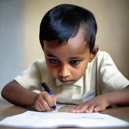 A young boy is writing the name 'Soumya' with a pen on a piece of paper.