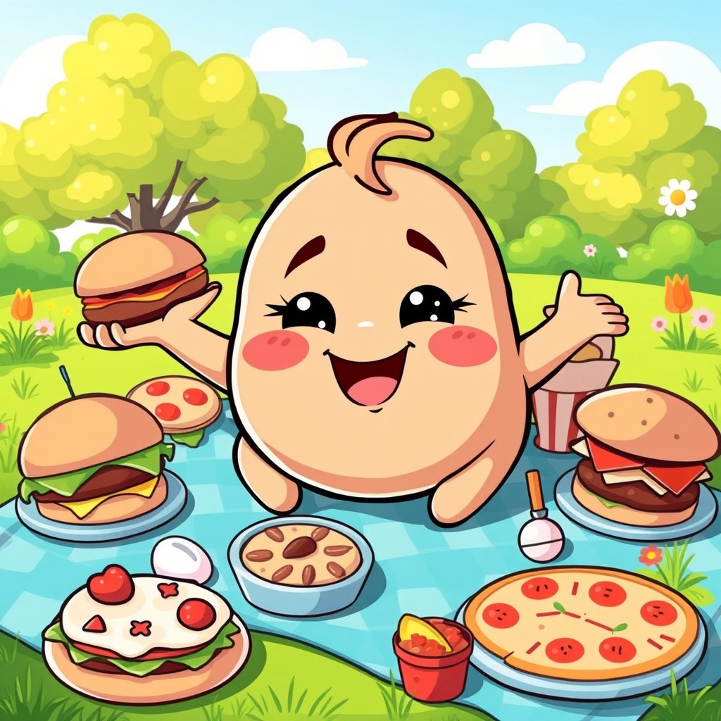 A playful and humorous illustration of a cute, chubby cartoon character happily surrounded by delicious food items like burgers, pizzas, and desserts