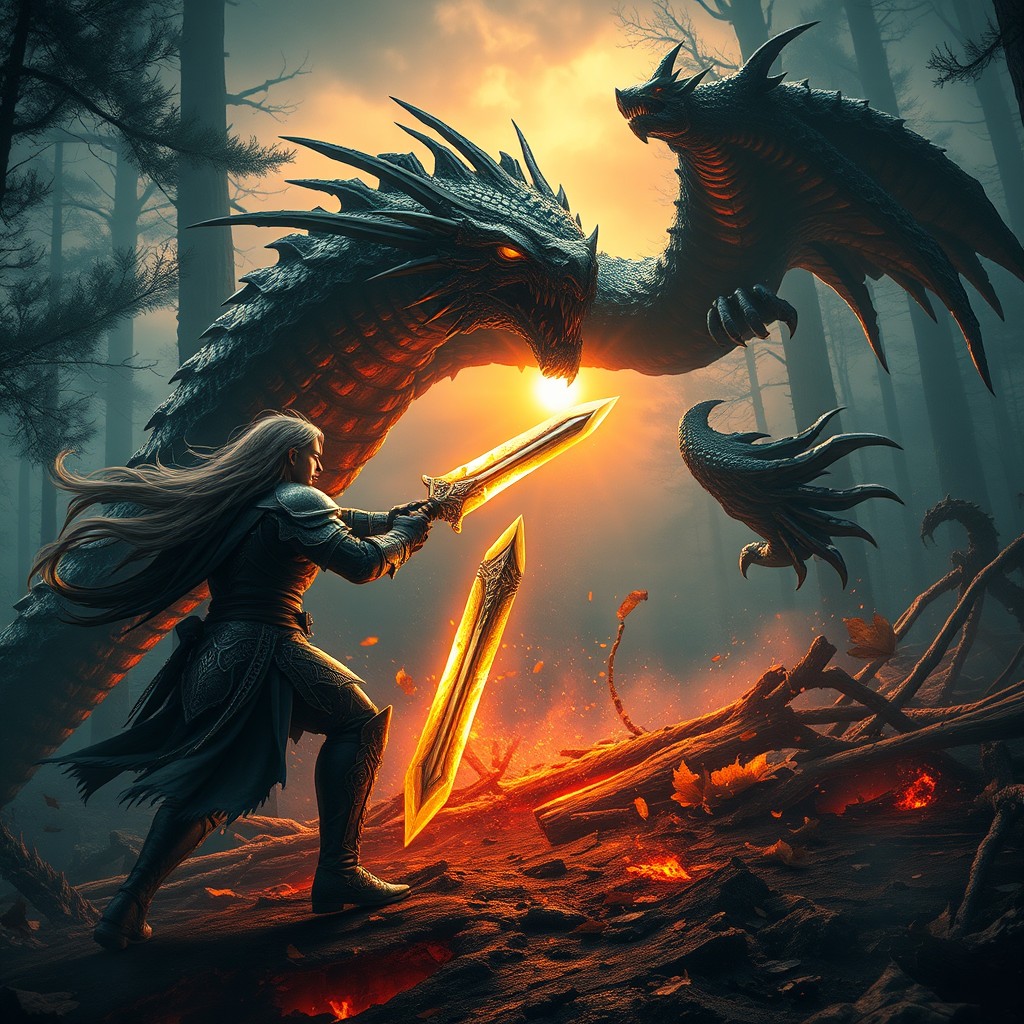 An intense scene in a fantasy game where a fierce battle is taking place, showcasing a powerful hero with armor, wielding a glowing sword, facing off against a massive, dragon-like creature named Imdra
