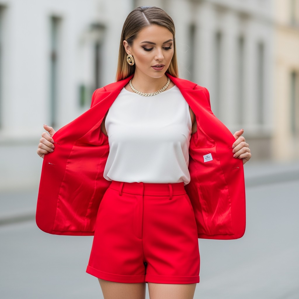 A stylish woman wearing a red blazer jacket, a white top, and shorts