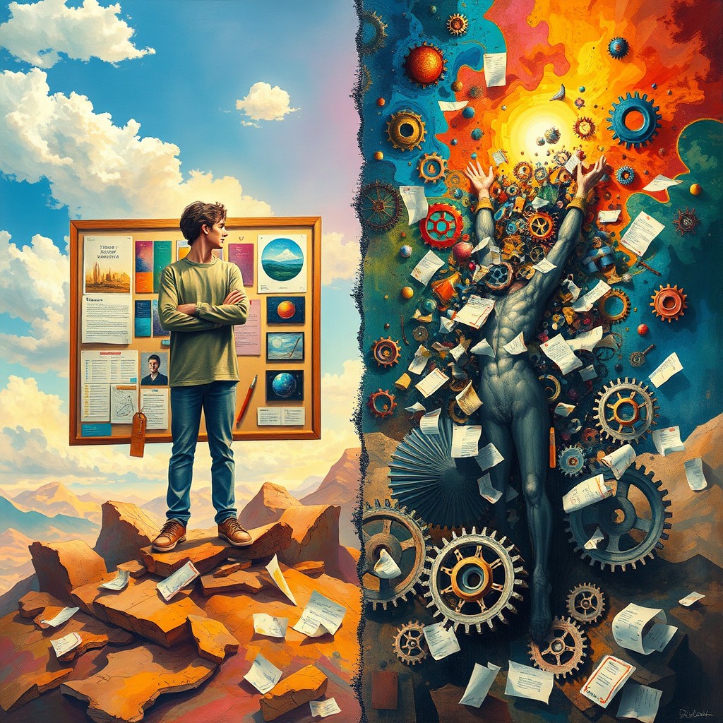 A surrealistic artwork illustrating the concept of 'Intend vs Error'