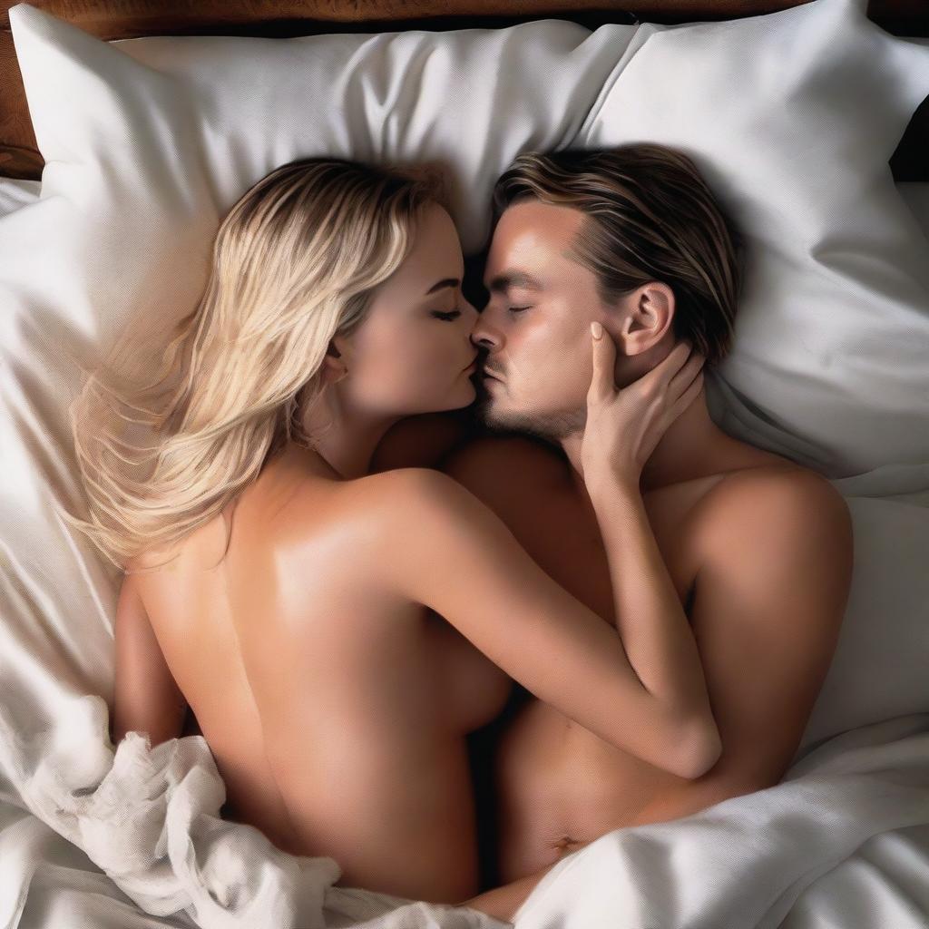 An ultra-realistic digital art image, masterfully crafted, depicts the stunning Margot Robbie and the charismatic Leonardo DiCaprio in a passionate embrace