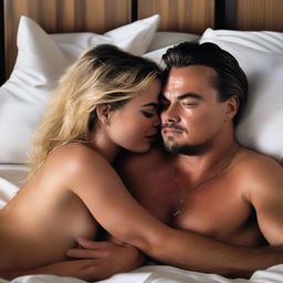 An ultra-realistic digital art image, masterfully crafted, depicts the stunning Margot Robbie and the charismatic Leonardo DiCaprio in a passionate embrace