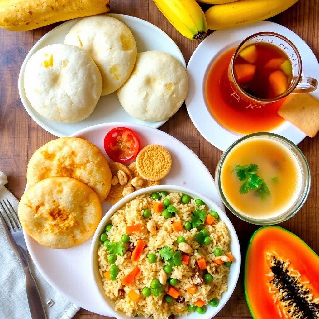 A vibrant and colorful healthy Indian breakfast spread featuring a variety of dishes