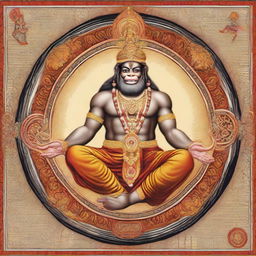 An intricately designed image of the Hanuman Chalisa, an important Hindu text, beautifully adorned with traditional Indian patterns and colors. Hanuman, the deity of strength and loyalty, is majestically depicted in the center.