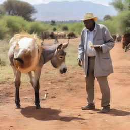 A donkey in Ethiopia being offered honey but refusing to eat it, with an elderly man nearby looking at the scene in amazement