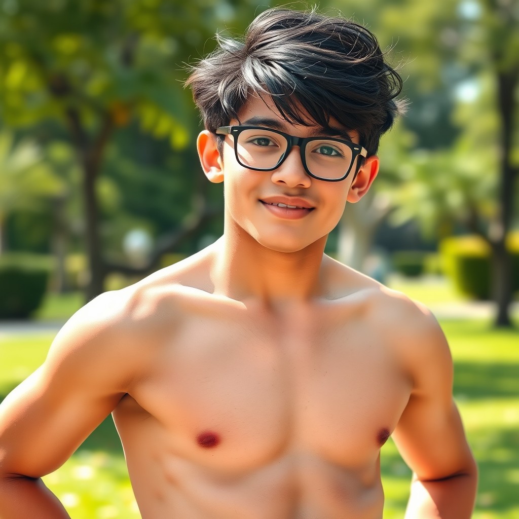 A handsome teenage boy aged 16-18 years, with jet black hair and stylish glasses