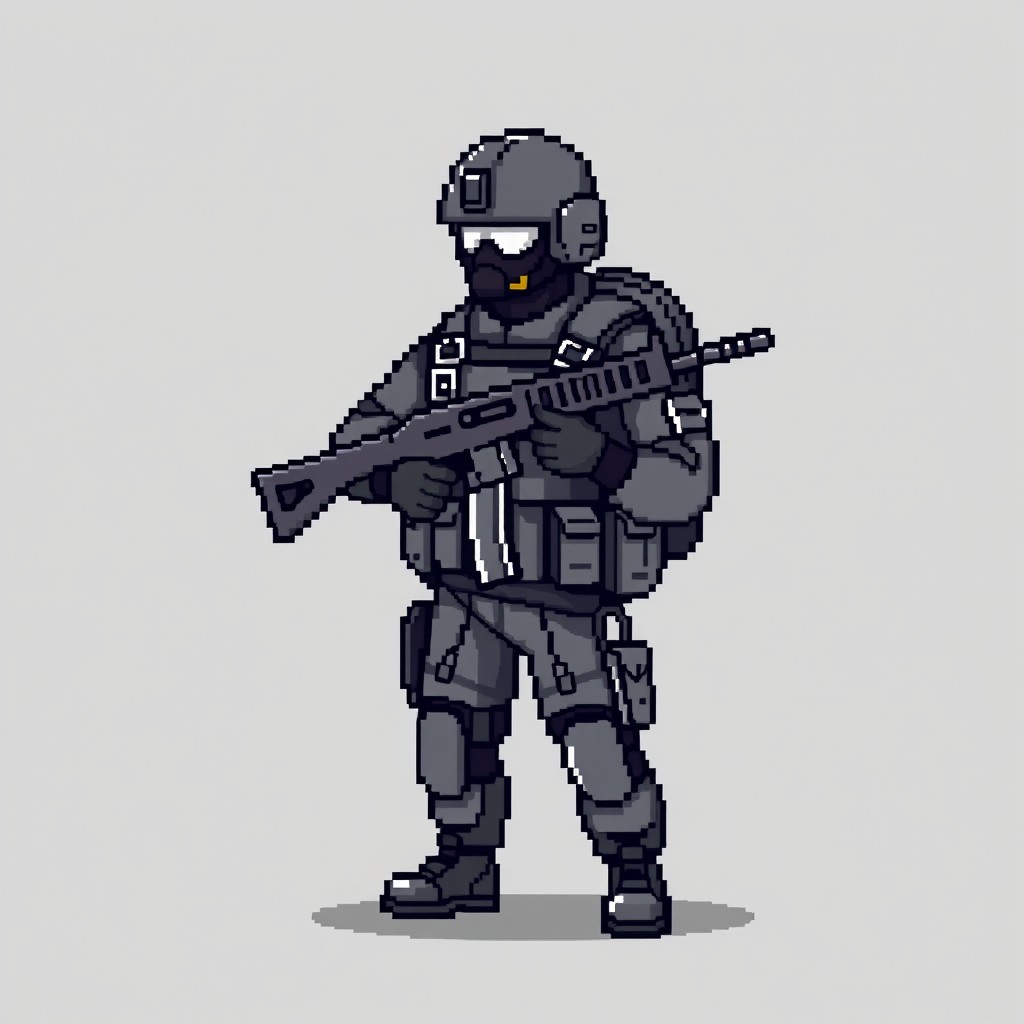 A pixel art representation of a special forces soldier in a gray color scheme, standing with an AK-74 rifle in a ready position