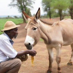 A donkey in Ethiopia being offered honey but refusing to eat it, with an elderly man nearby looking at the scene in amazement