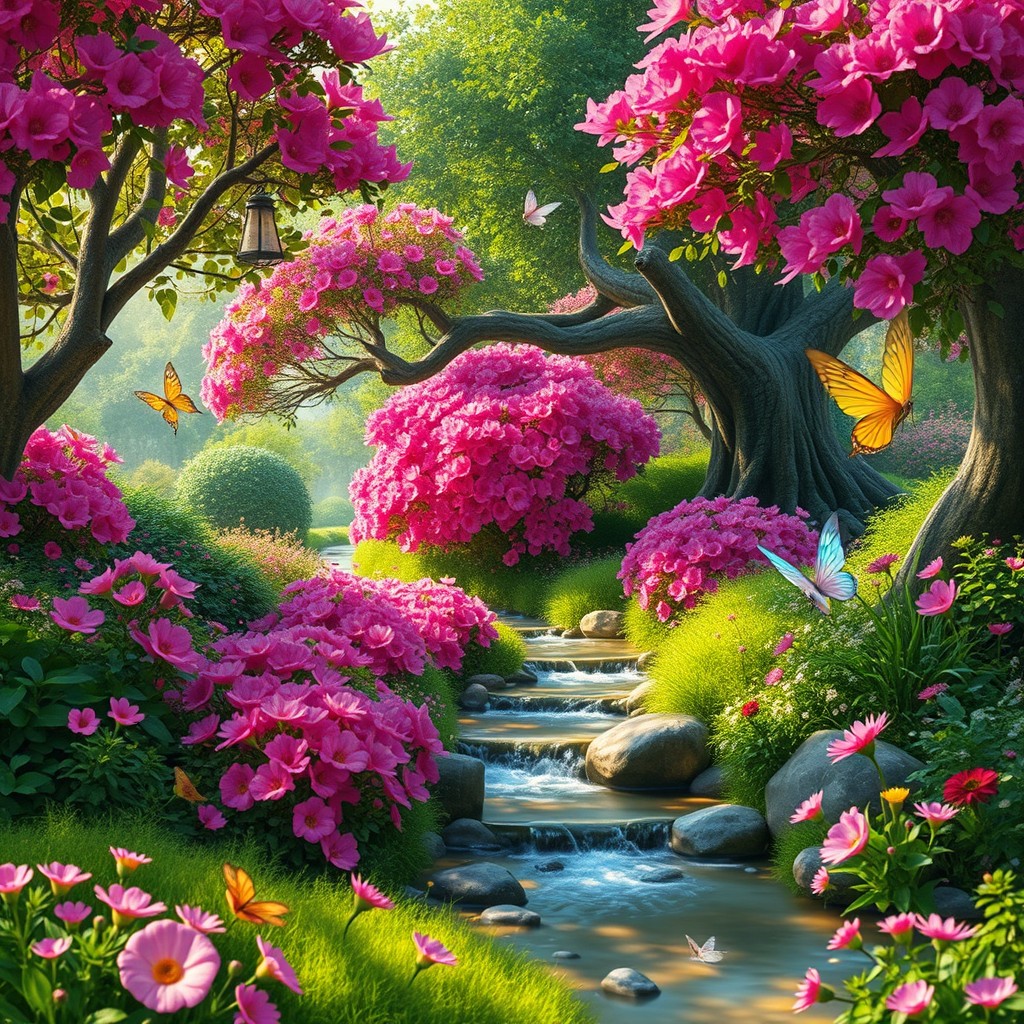 A mesmerizing fantasy Garden of Eden, featuring an enchanting landscape adorned with vibrant pink flowers