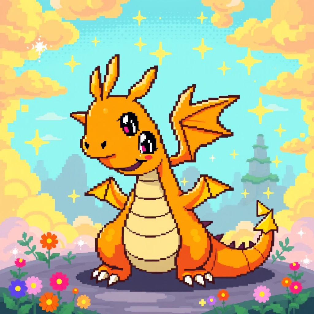 A pixel art dragon inspired by Dragonite, featuring bright orange and yellow colors, large expressive eyes, and small wings