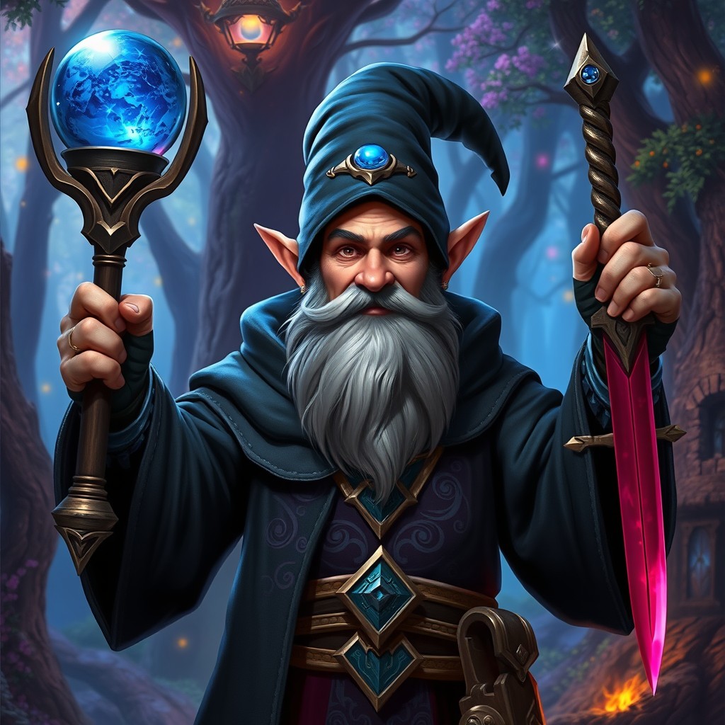 A lean, handsome, middle-aged gnome warlock, showcasing clever features and a confident demeanor