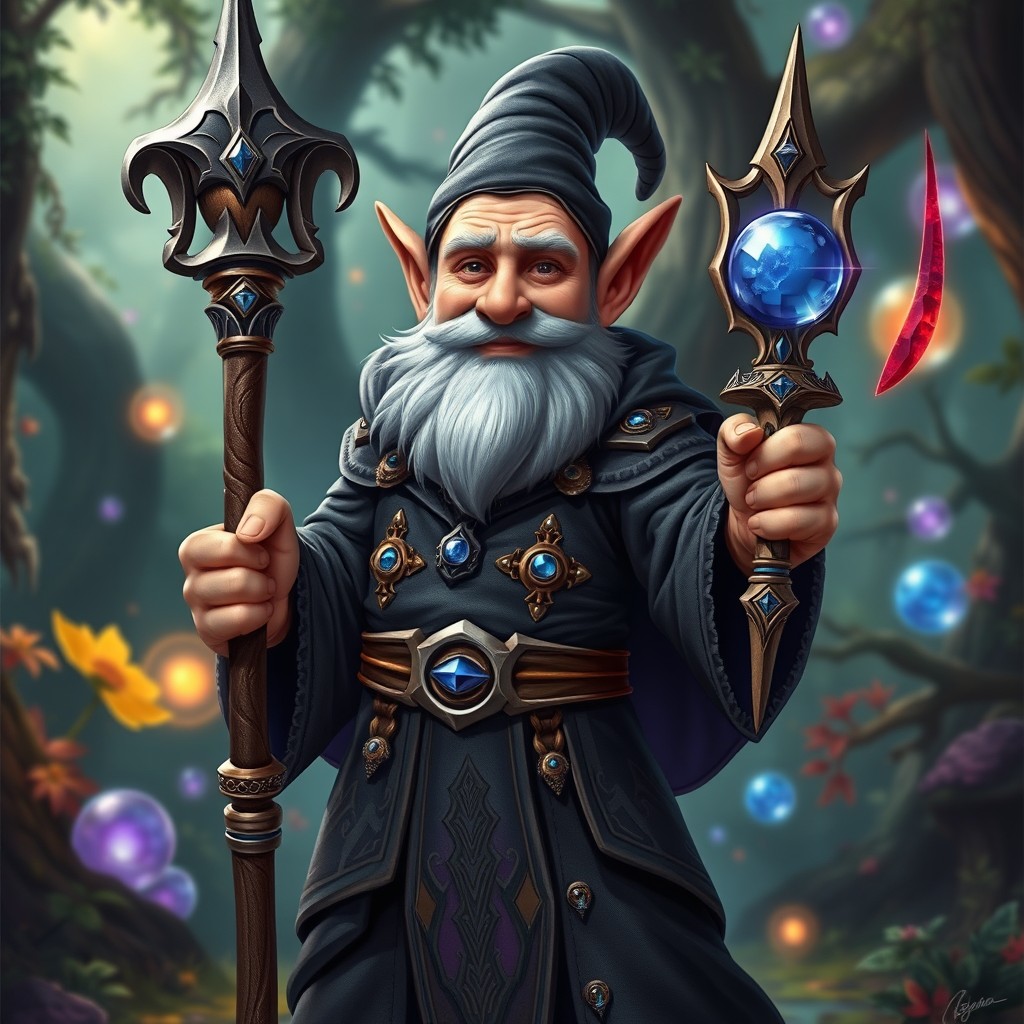 A lean, handsome, middle-aged gnome warlock characterized by striking features and a confident smile