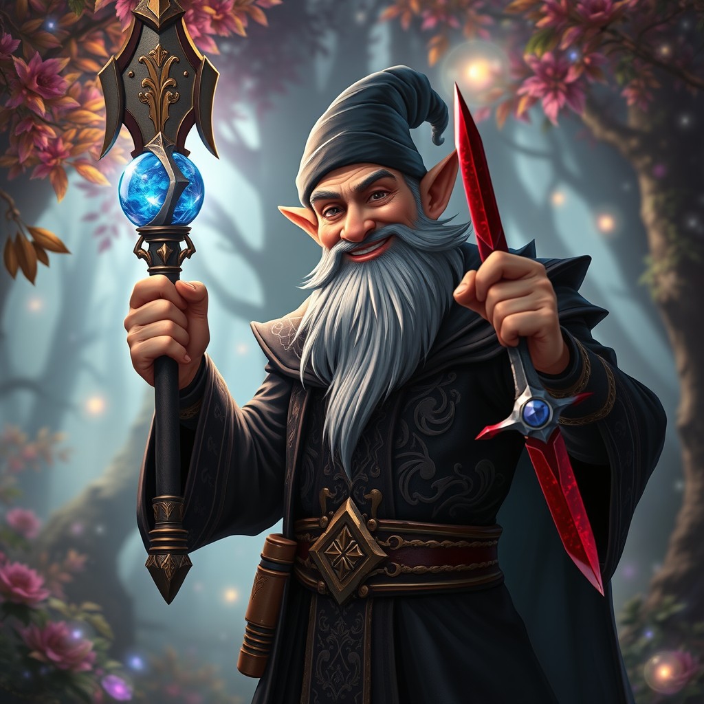 A lean, handsome, middle-aged gnome warlock, characterized by sharp features and an engaging smile