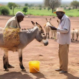 A donkey in Ethiopia being offered honey but refusing to eat it, with an elderly man nearby looking at the scene in amazement