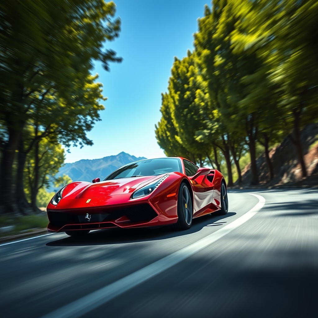 A vibrant scene capturing a sleek, red Ferrari speeding away on a winding mountain road
