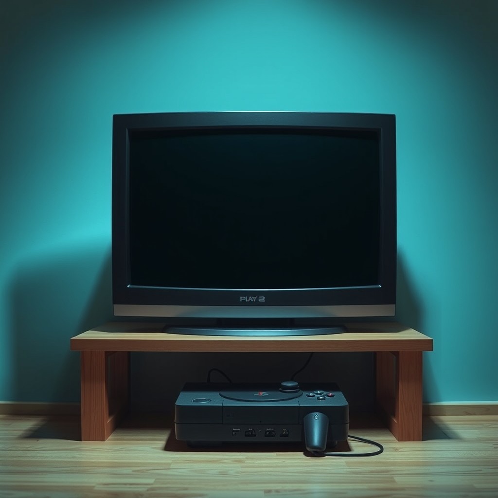 A realistic retro gaming setup from the early 2000s, featuring a CRT television placed on a simple wooden desk in a dimly lit room