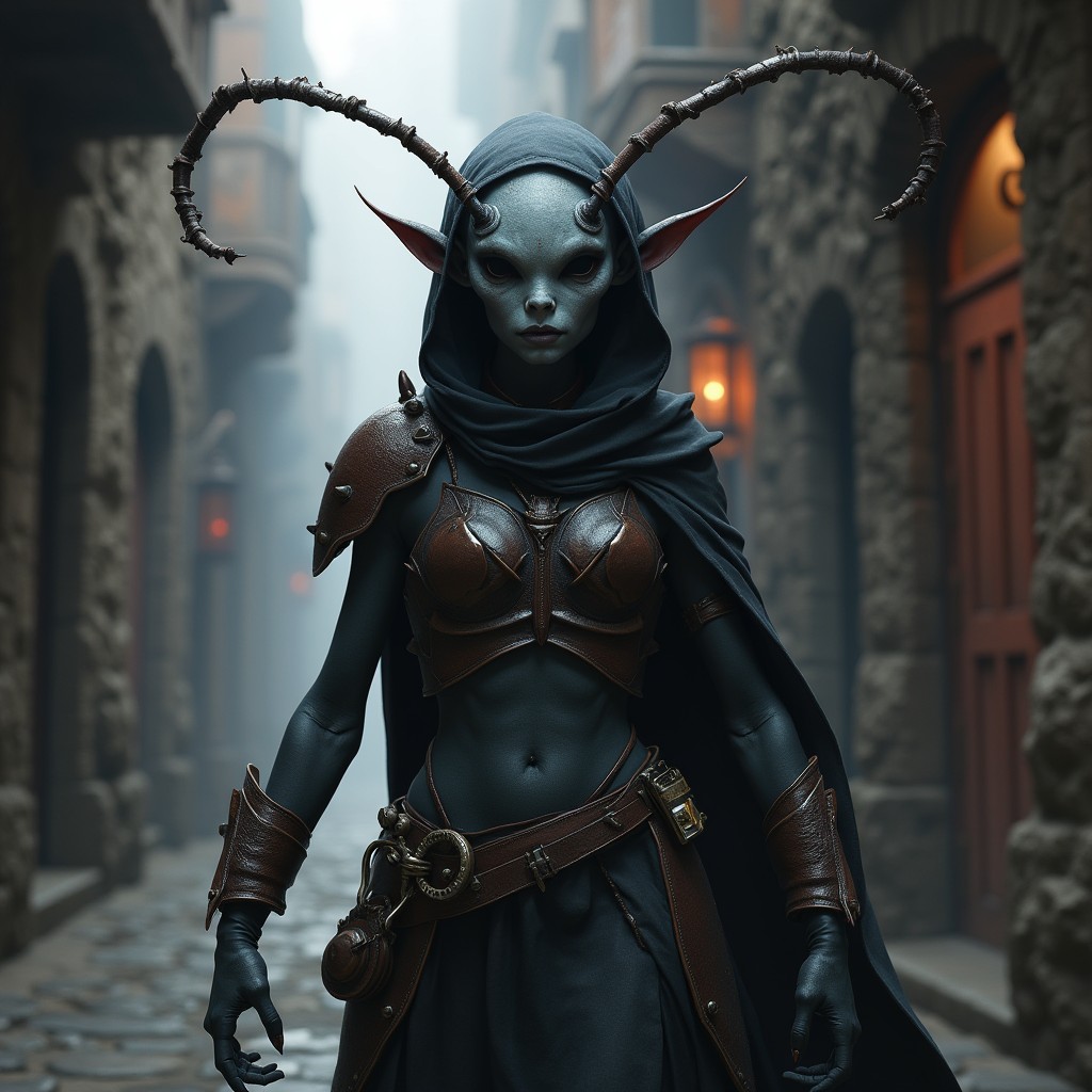 A unique drow elf and cockroach hybrid humanoid rogue character, showcasing a blend of both species' features
