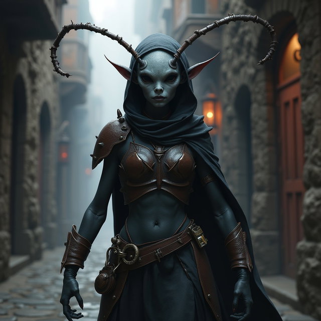 A unique drow elf and cockroach hybrid humanoid rogue character, showcasing a blend of both species' features