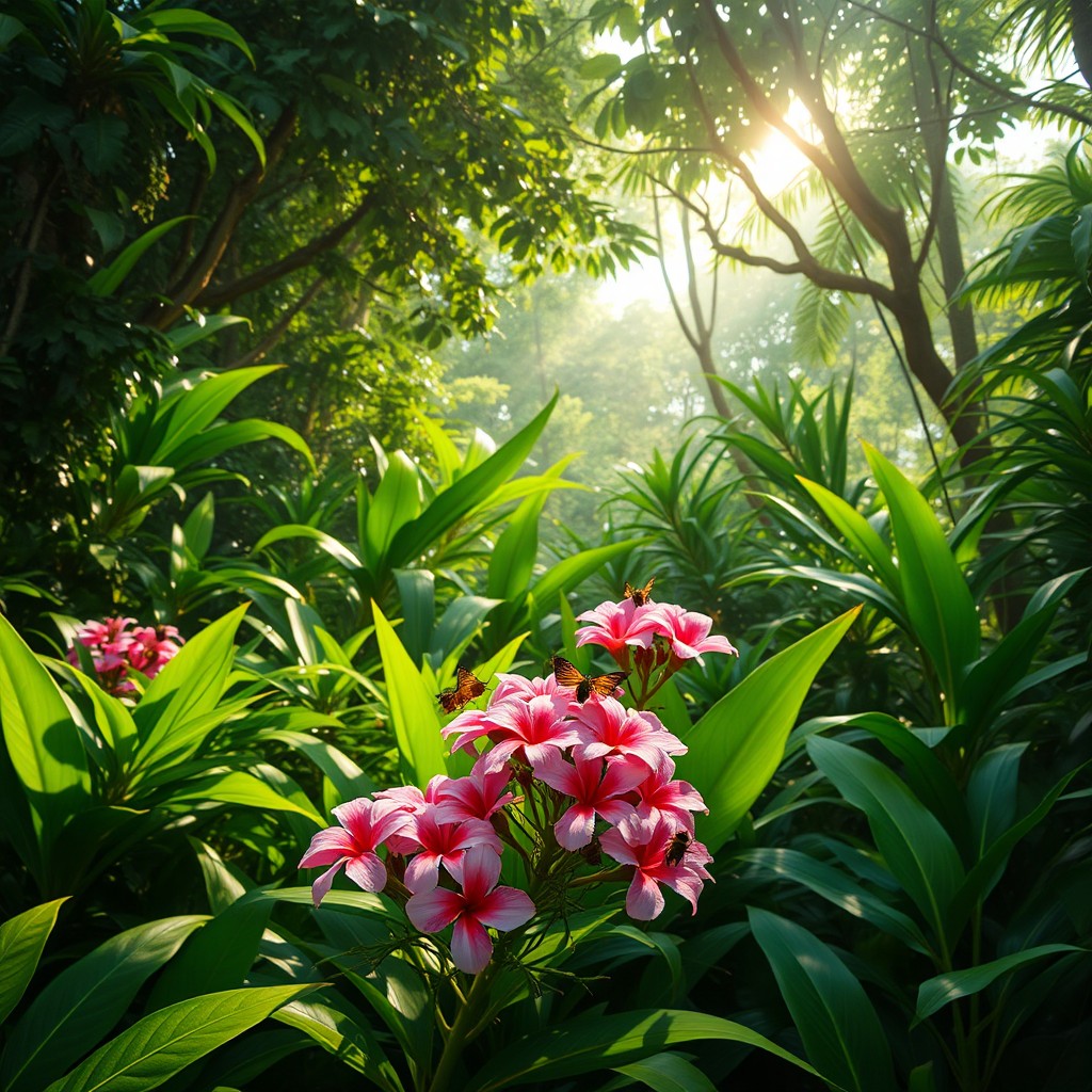 A vibrant, lush jungle scene filled with a variety of tropical plants and trees