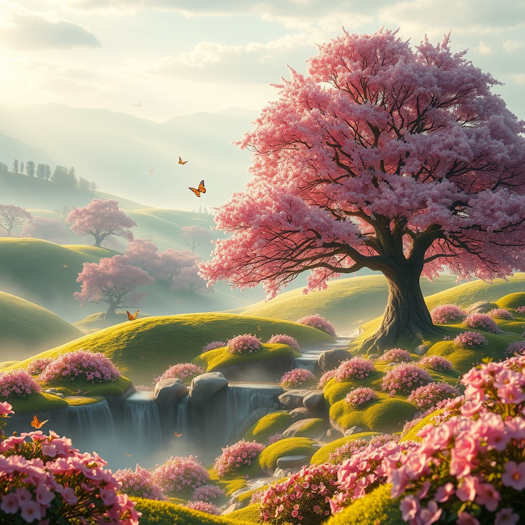 A dreamy Garden of Eden landscape filled with lush green hills and vibrant pink blossoms, featuring a large ethereal tree with soft pink foliage as the centerpiece