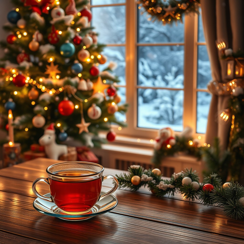 A cozy winter evening scene featuring a warm cup of tea placed on a wooden table, surrounded by beautifully decorated Christmas tree ornaments and garlands