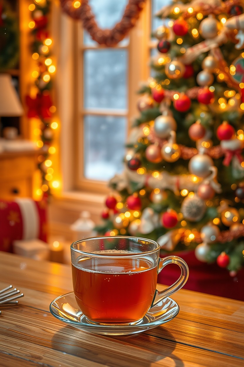 A cozy winter evening scene featuring a warm cup of tea on a wooden table