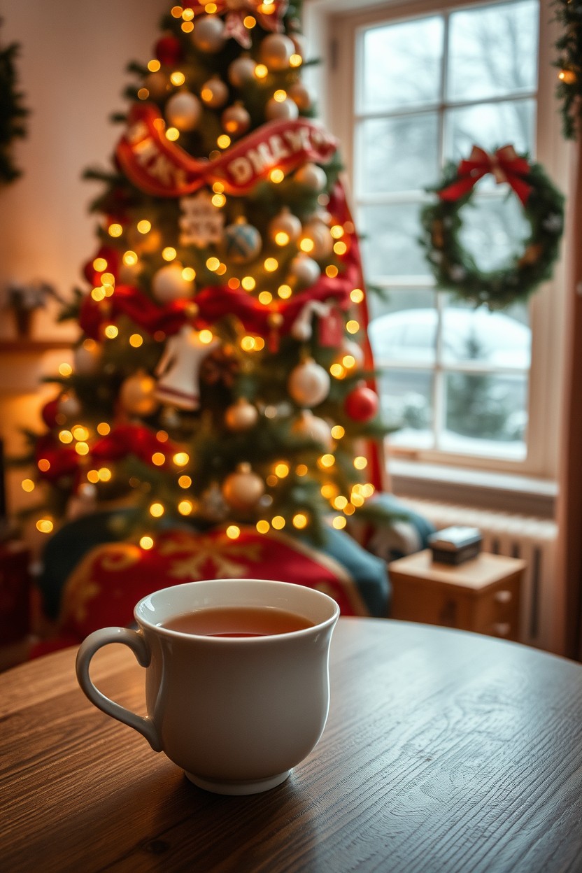 A cozy winter evening scene featuring a warm cup of tea resting on a wooden table