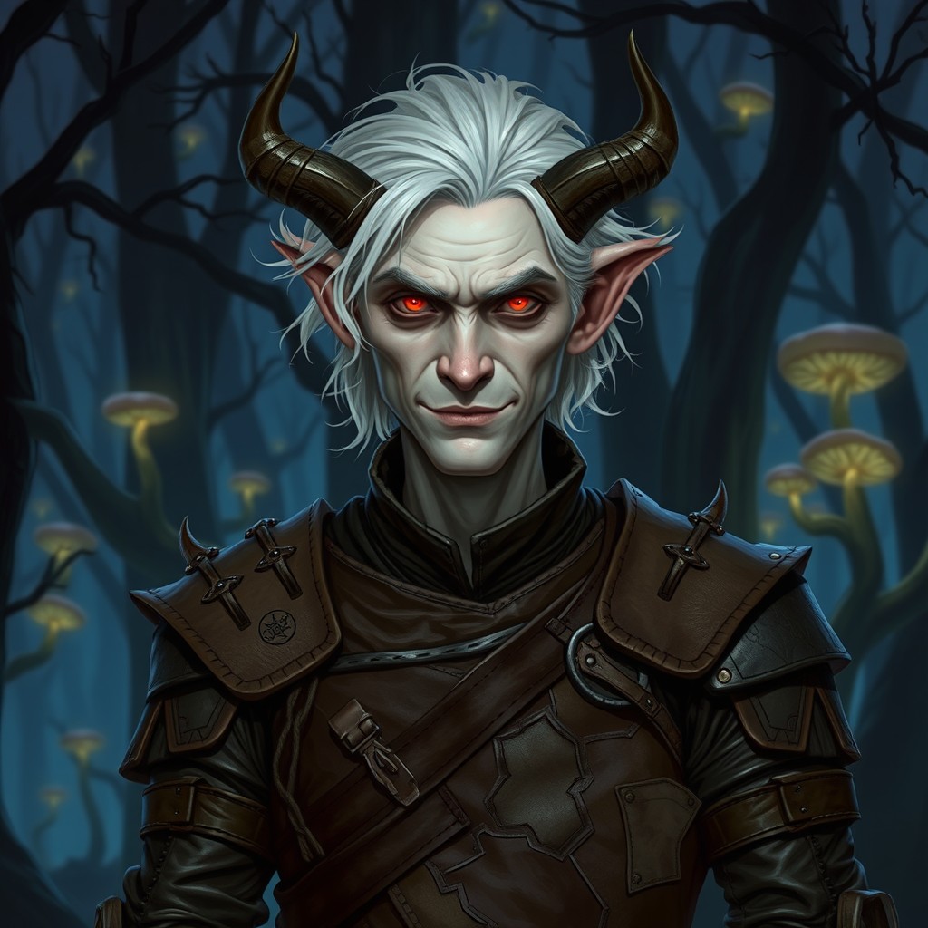 A thin tiefling man with pale skin and wavy white hair, wearing piecemeal leather armor