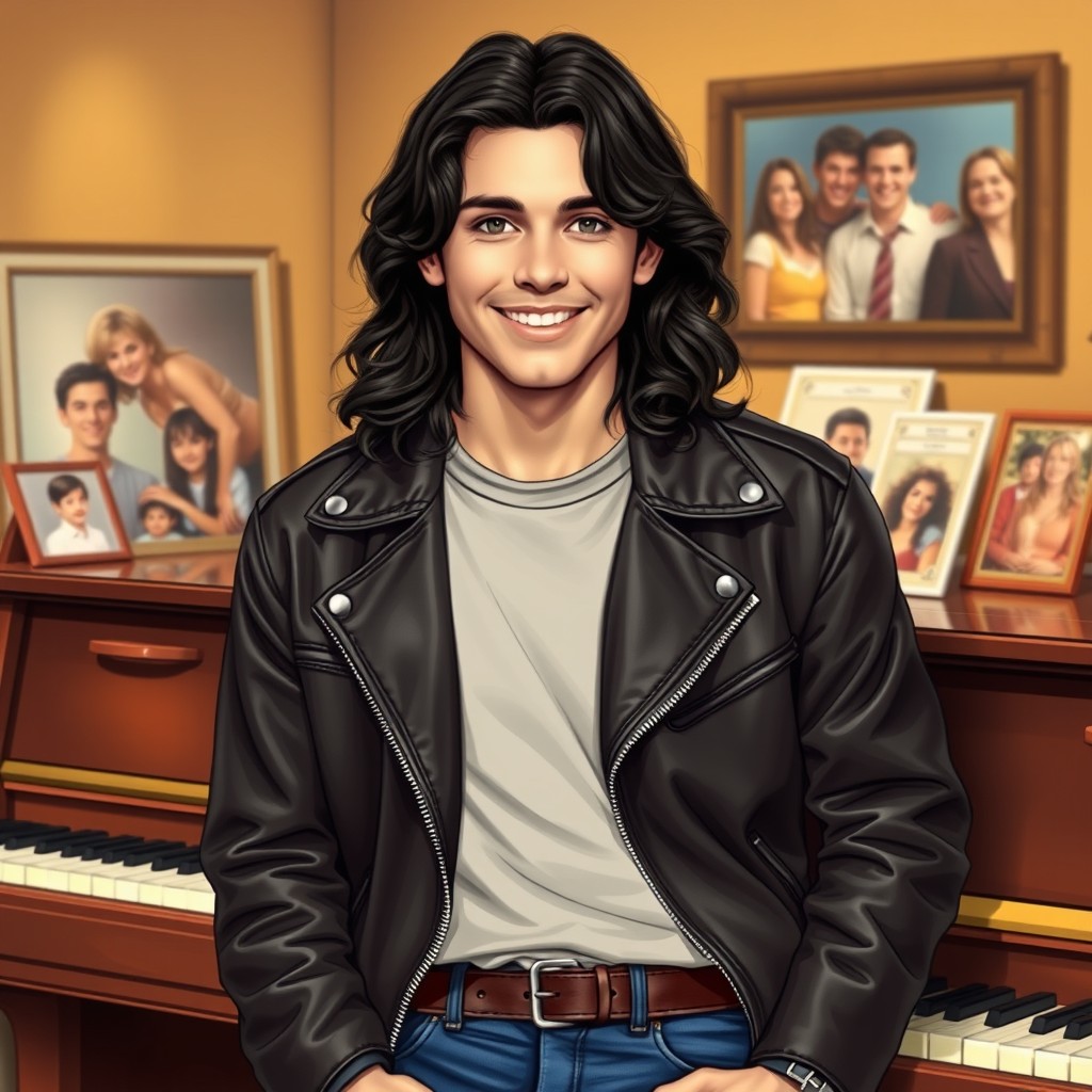A detailed portrait of Jesse Katsopolis, a character from Full House, featuring long, wavy dark hair and a charming smile
