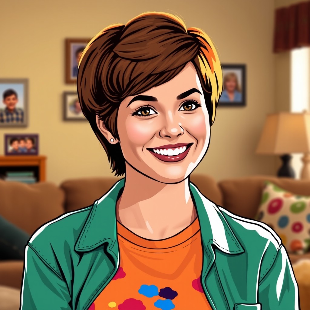 A stylized portrait of a woman resembling Jessie from 'Full House', featuring her short hair styled in a modern way