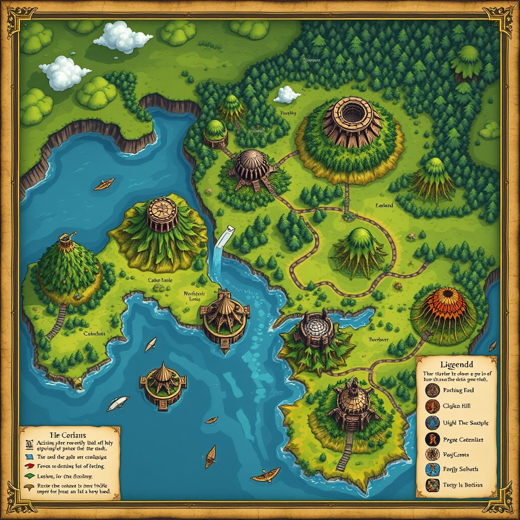 A detailed and vibrant map showcasing a mythical or magical land with ten unique hills or mounds, each labeled with a name and description