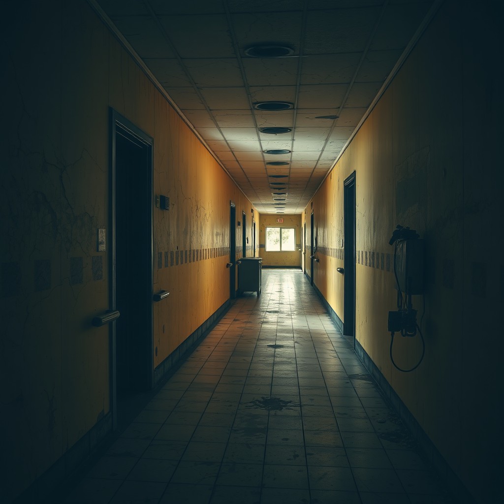 A hauntingly beautiful scene of old hospital corridors devoid of lights