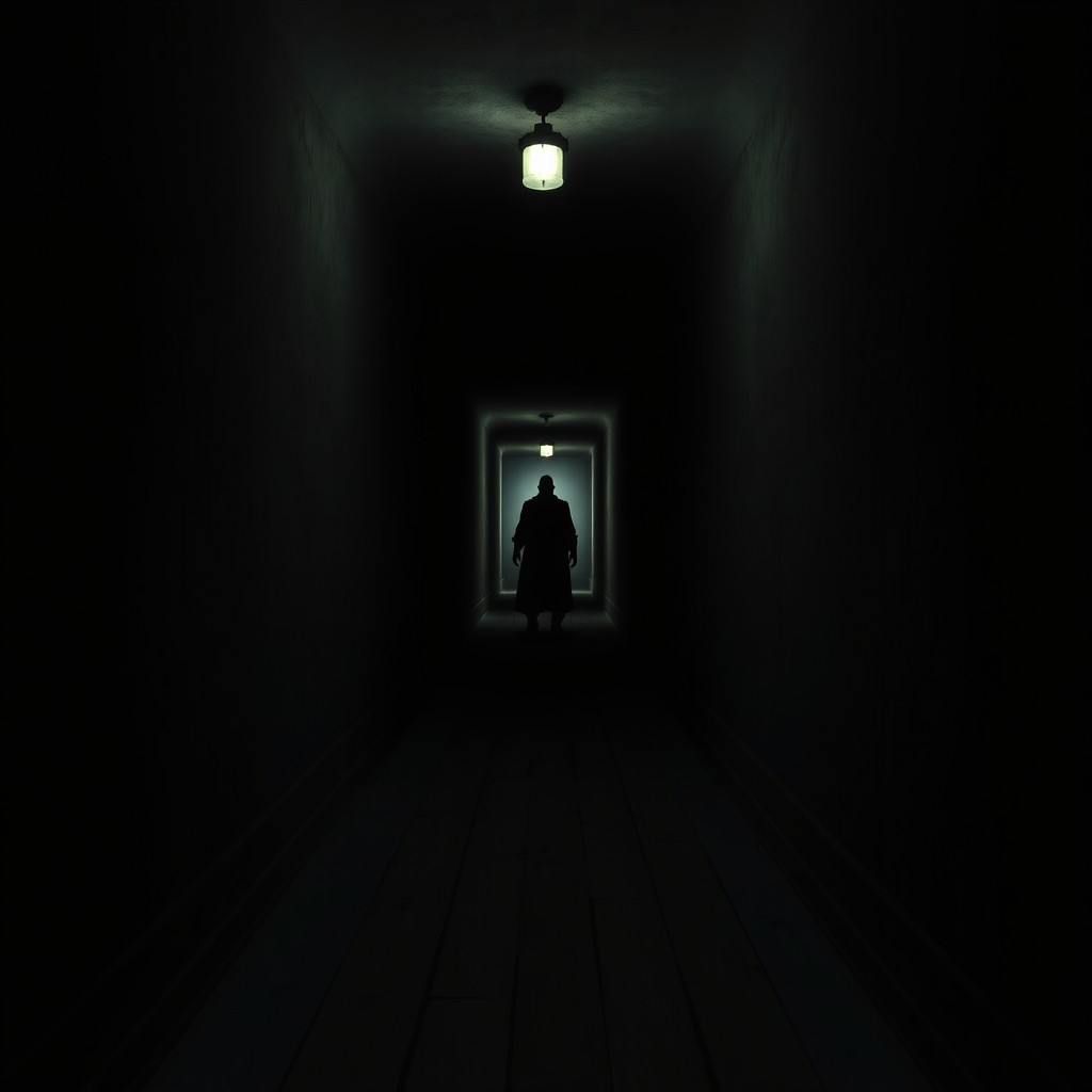 A long, dark hallway stretches into the distance, with dim lighting creating an eerie atmosphere