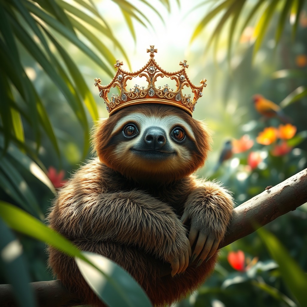 A cute sloth wearing an ornate gold crown, sitting comfortably on a branch in the rainforest
