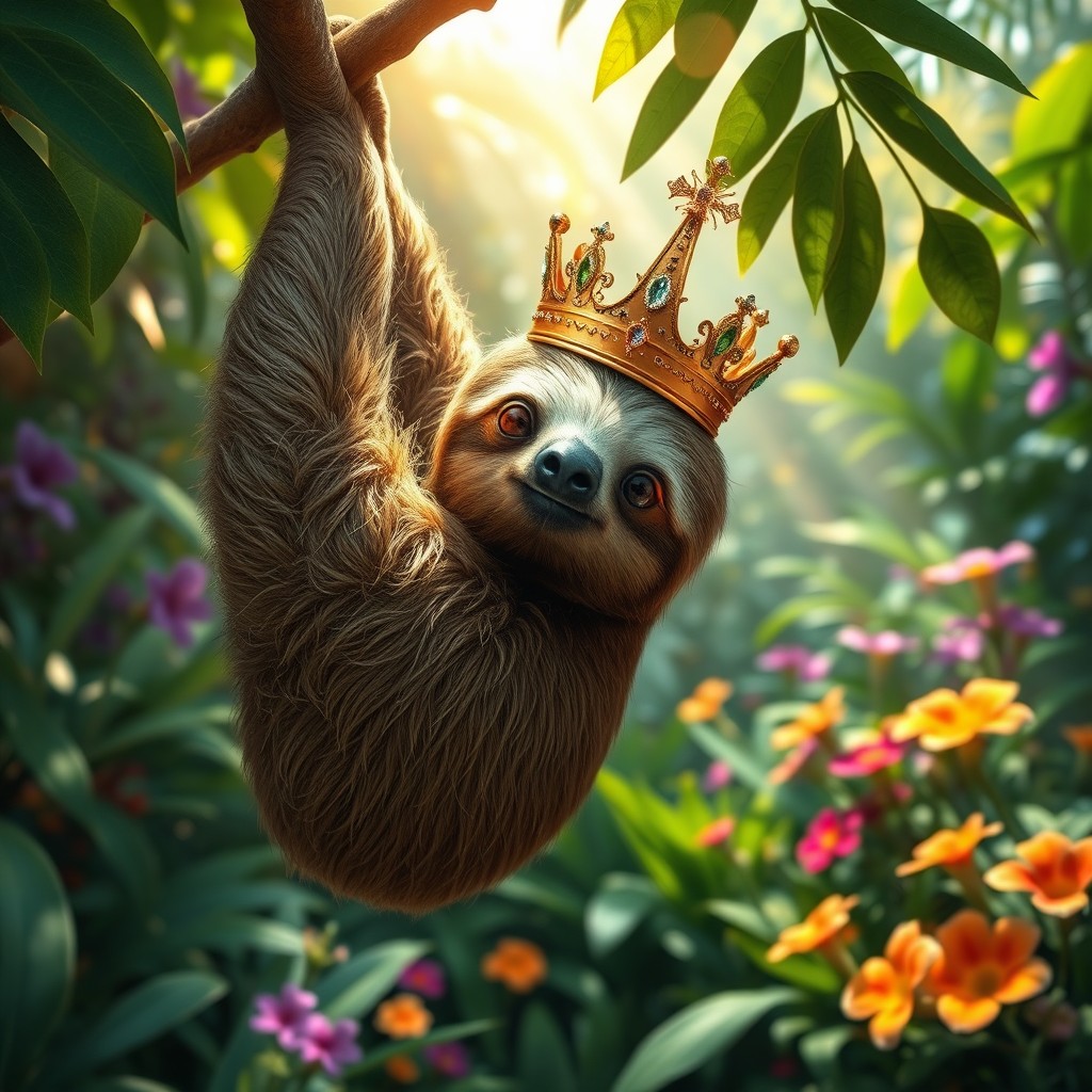 A charming adult sloth adorned with a regal gold crown, gracefully hanging from a branch in a lush, vibrant rainforest