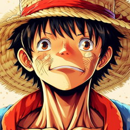 Monkey D. Luffy, the main character of One Piece anime, with his iconic straw hat, red vest, and blue shorts, beaming with determination in his intense black eyes