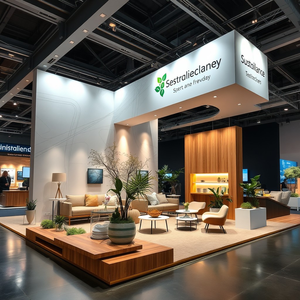 A modern 20'x20' tradeshow booth showcasing sustainable materials, featuring elegant and eco-friendly furniture arrangements