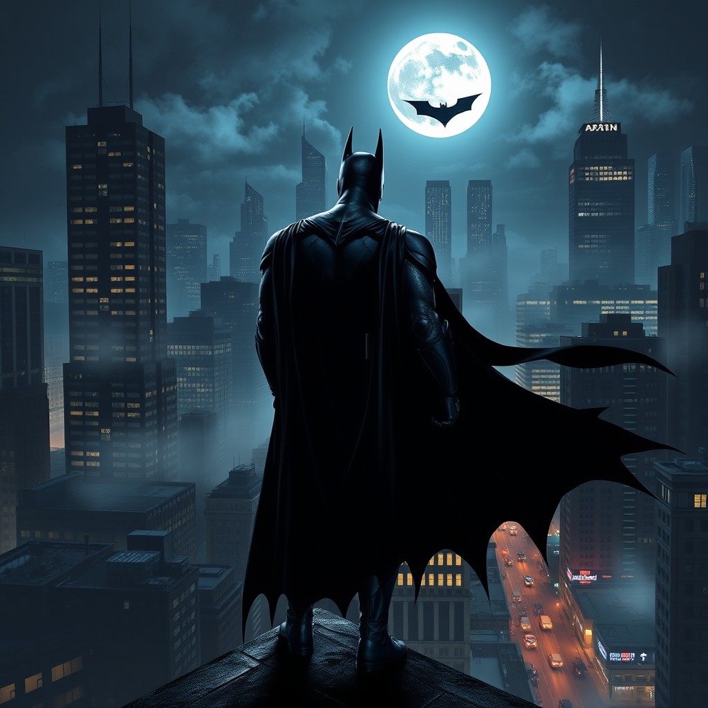 A dark and brooding Gotham City at night, with towering skyscrapers illuminated by a glowing moon