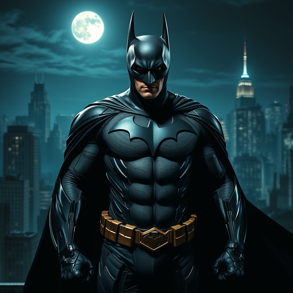 Batman in Gotham City at night, facing the camera with a determined expression
