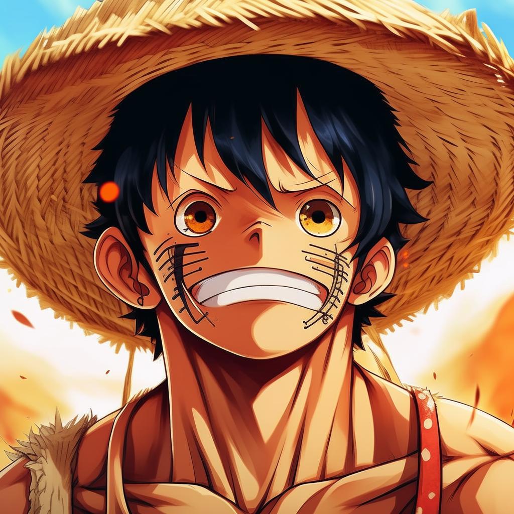 Monkey D. Luffy, the main character of One Piece anime, with his iconic straw hat, red vest, and blue shorts, beaming with determination in his intense black eyes