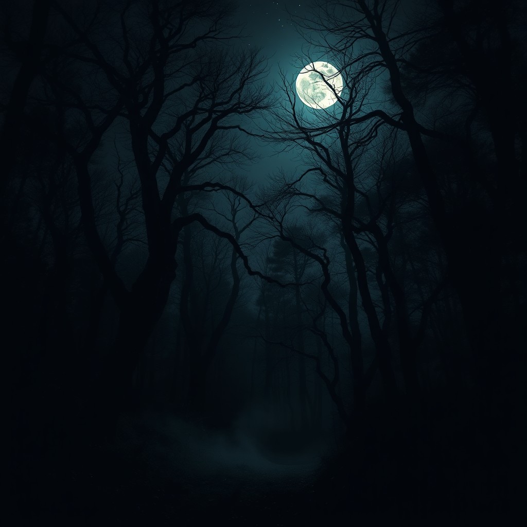 A moody and atmospheric scene set in a dark forest under a starry night sky