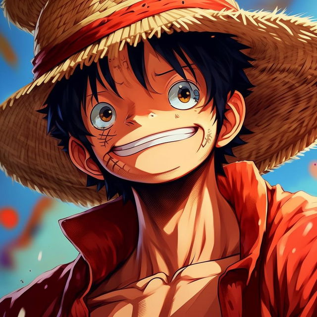 Monkey D. Luffy, the main character of One Piece anime, with his iconic straw hat, red vest, and blue shorts, beaming with determination in his intense black eyes