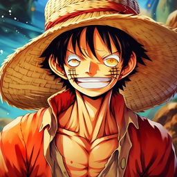 Monkey D. Luffy, the main character of One Piece anime, with his iconic straw hat, red vest, and blue shorts, beaming with determination in his intense black eyes