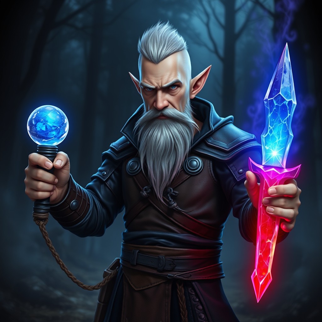 A lean, handsome, middle-aged gnome warlock with pointed ears, buzz cut silver hair, and a grey beard