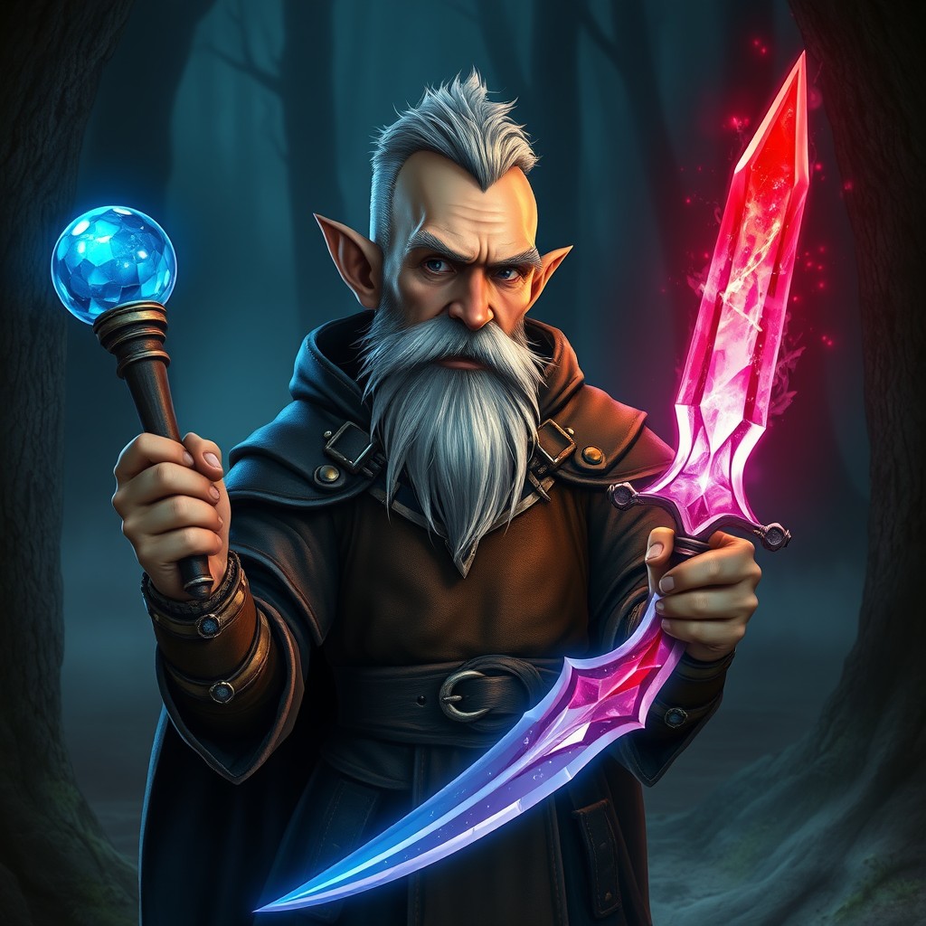 A lean, handsome, middle-aged gnome warlock with pointed ears, buzz cut silver hair, and a grey beard