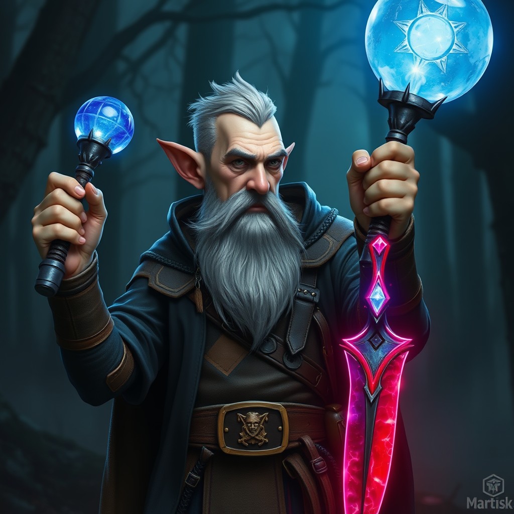 A lean, handsome, middle-aged gnome warlock with pointed ears, buzz cut silver hair, and a grey beard